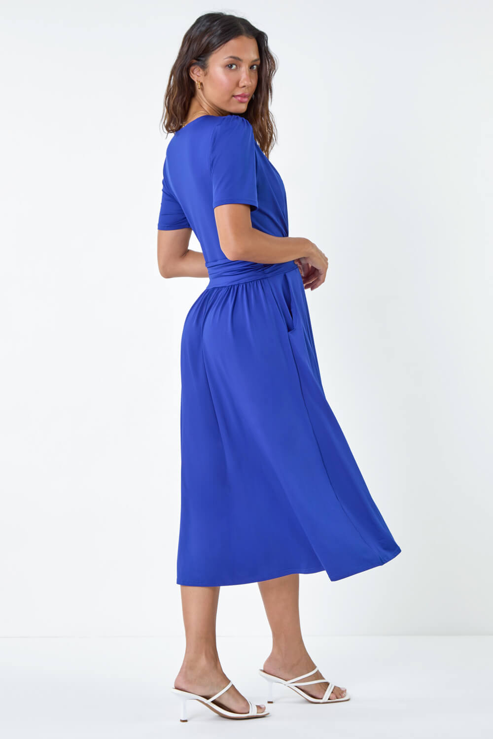 Royal Blue Gathered Wrap Stretch Midi Dress, Image 3 of 5