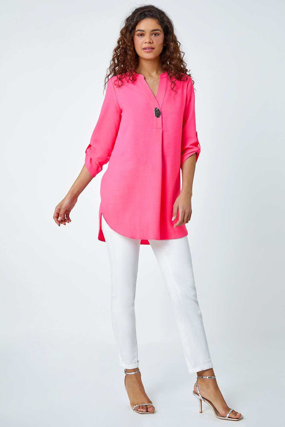 PINK Button Detail Longline Blouse, Image 2 of 5