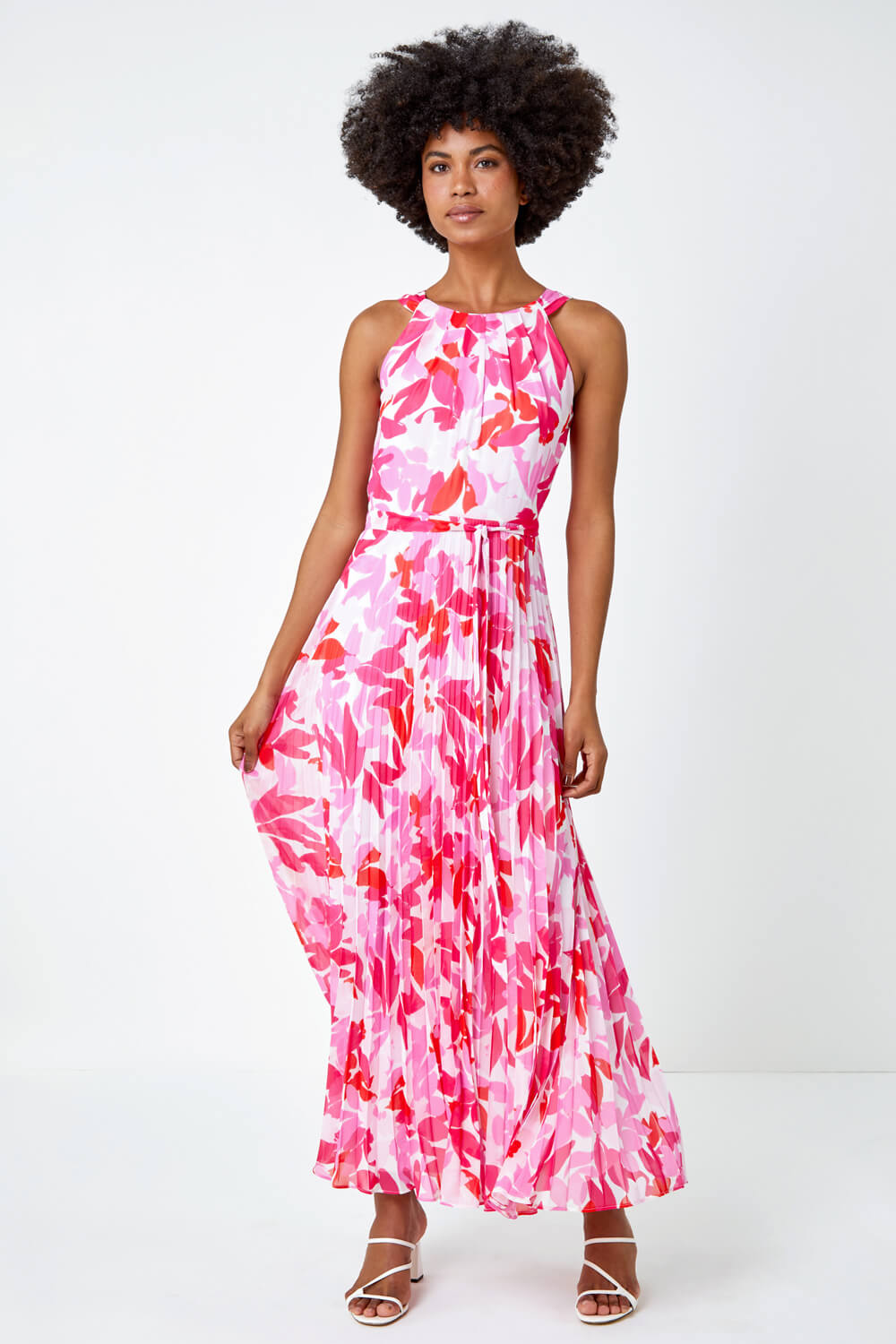 Floral Pleated Halter Neck Maxi Dress