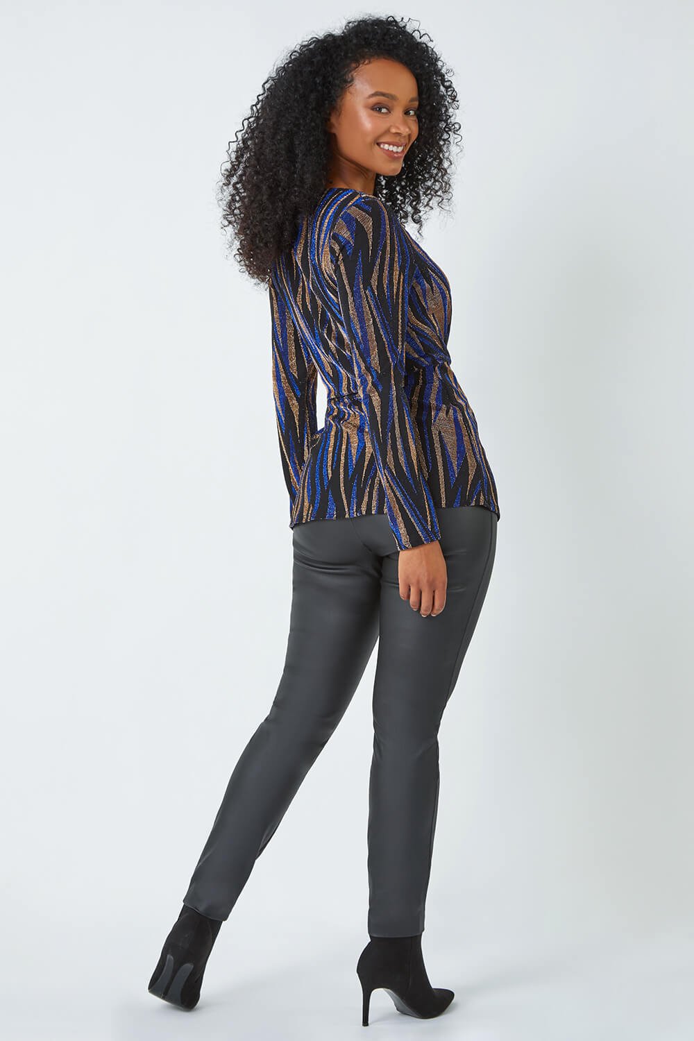 Blue Petite Animal Shimmer Stretch Twist Top, Image 3 of 5
