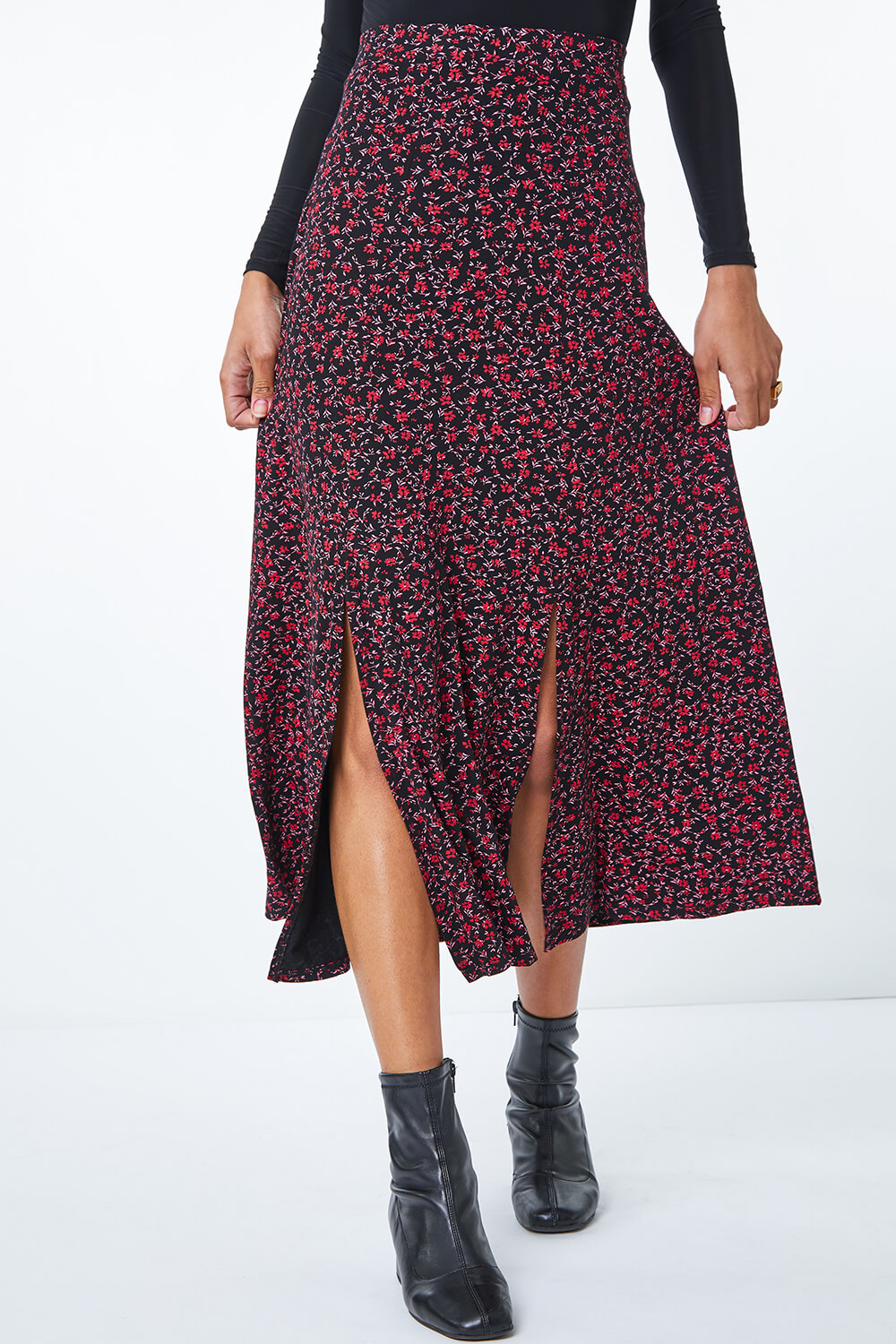 Red Ditsy Floral Print Midi Skirt , Image 4 of 5