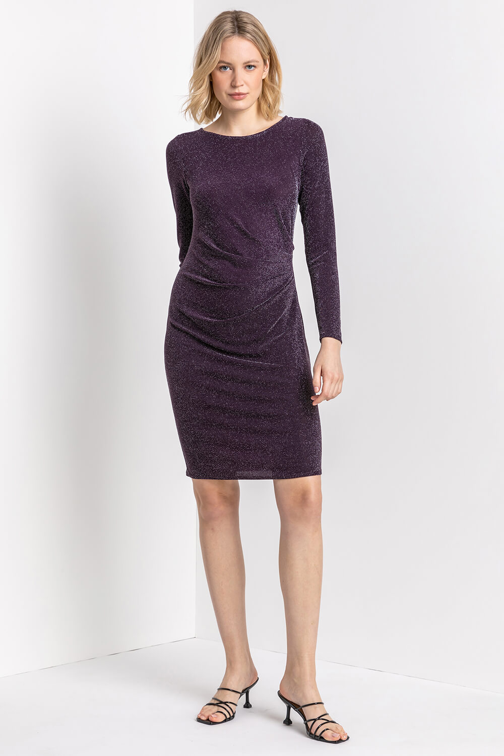 Purple Metallic Shimmer Ruched Dress, Image 3 of 5