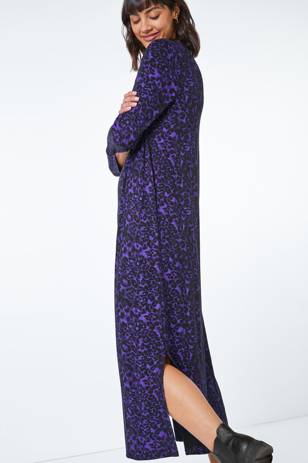 Purple Animal Print Jersey Stretch Midi Dress, Image 2 of 5