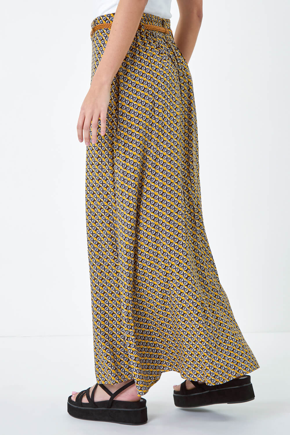 Yellow Floral Print Belted Maxi Skirt, Image 3 of 5