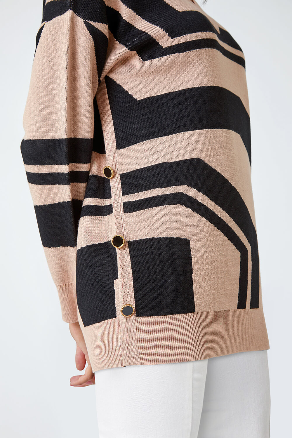 Camel  Abstract Print Button Detail Longline Jumper, Image 5 of 5