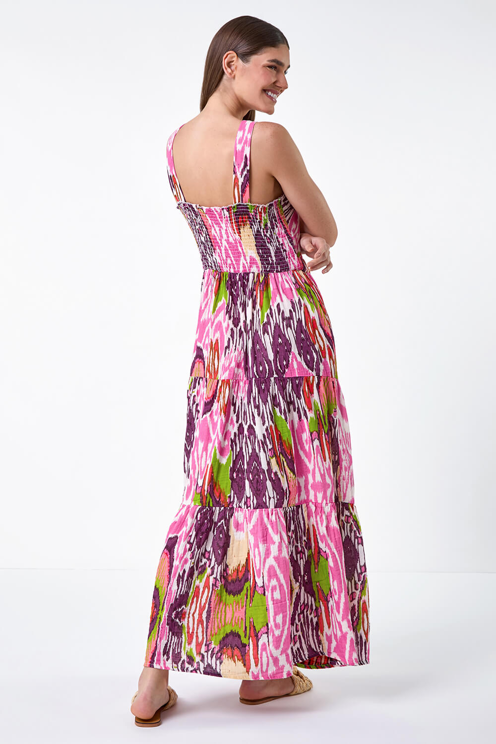 PINK Abstract Tie Front Tiered Maxi Dress, Image 3 of 5