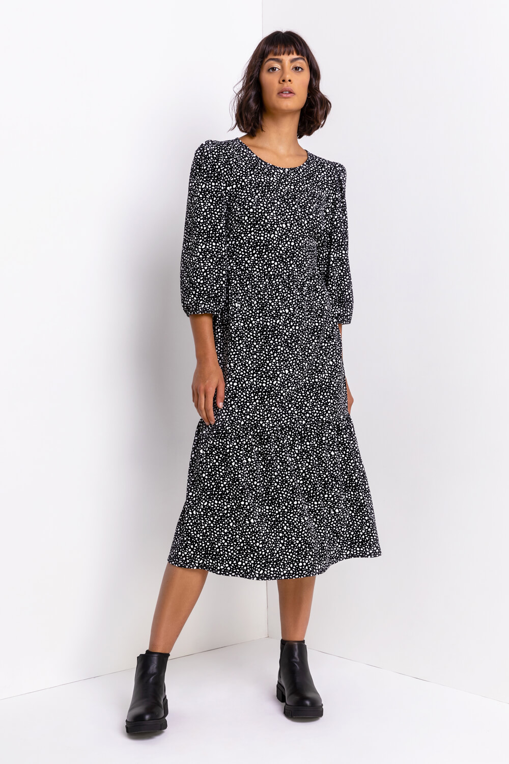 Black Tiered Spot Print Midi Dress, Image 3 of 4