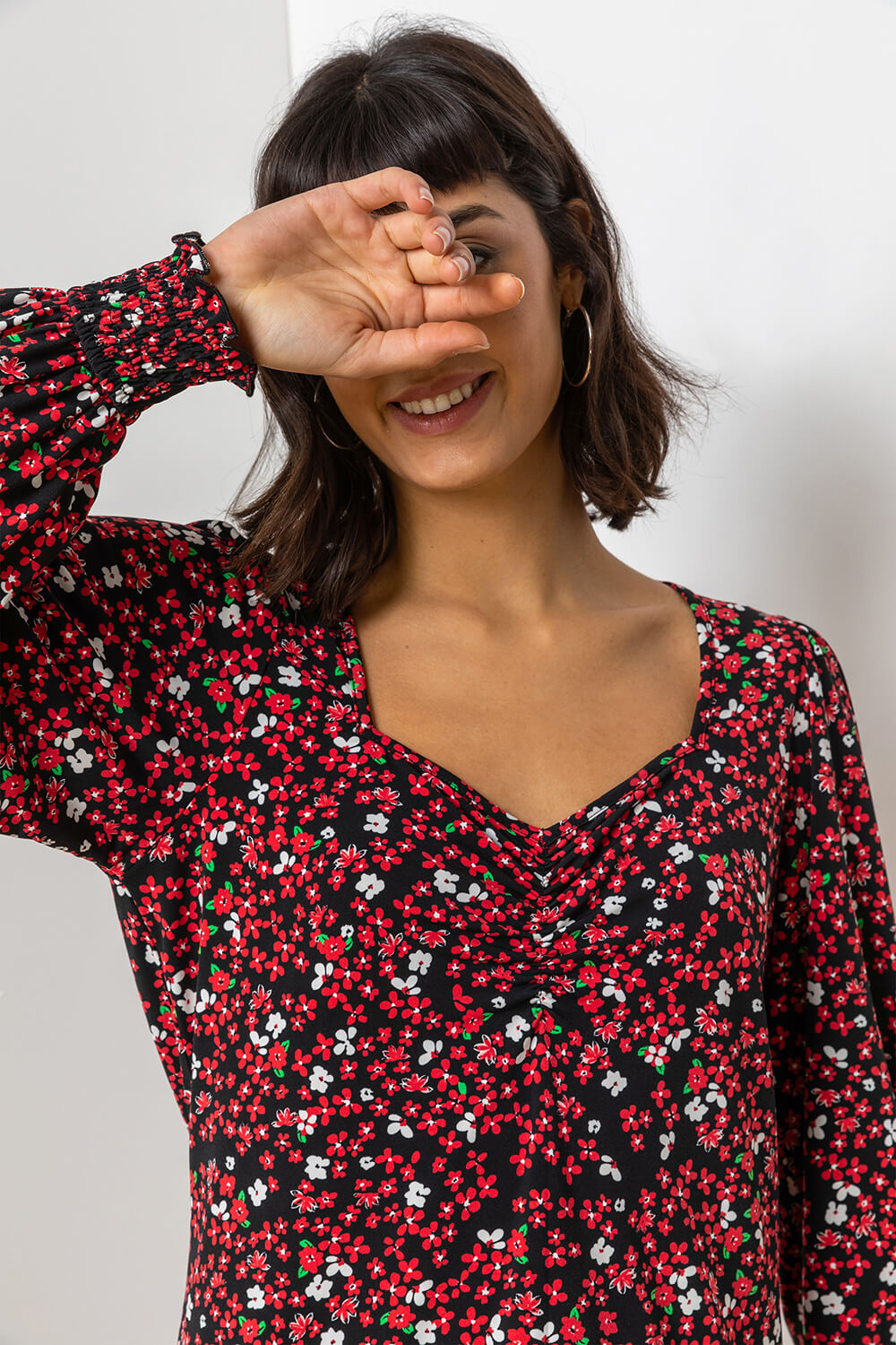 Red Ditsy Floral Print Top, Image 2 of 5