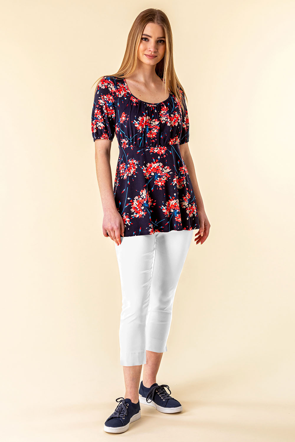 Navy  Gathered Front Floral Top, Image 3 of 4