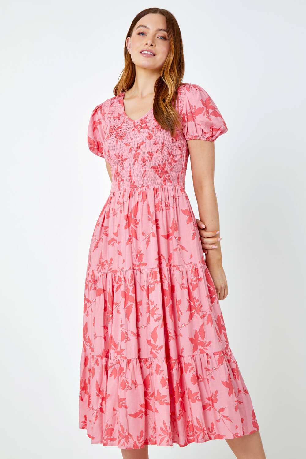 PINK Floral Shirred Waist Tiered Midi Dress, Image 3 of 6