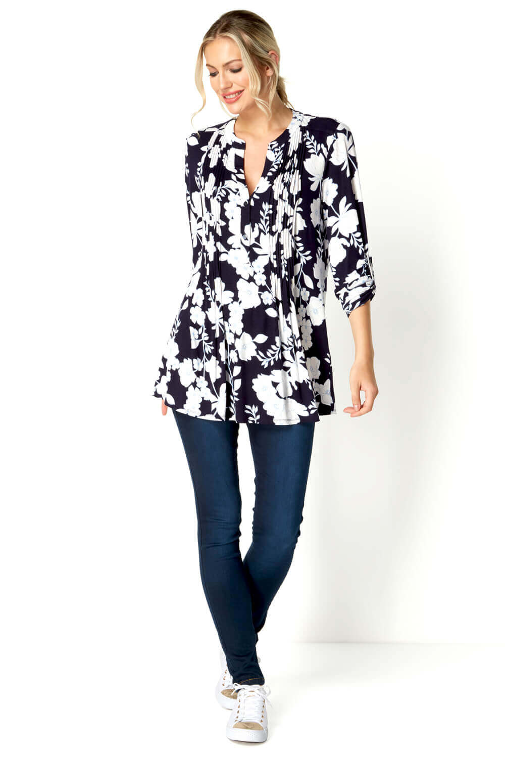 Navy  Floral Jersey Blouse, Image 2 of 4