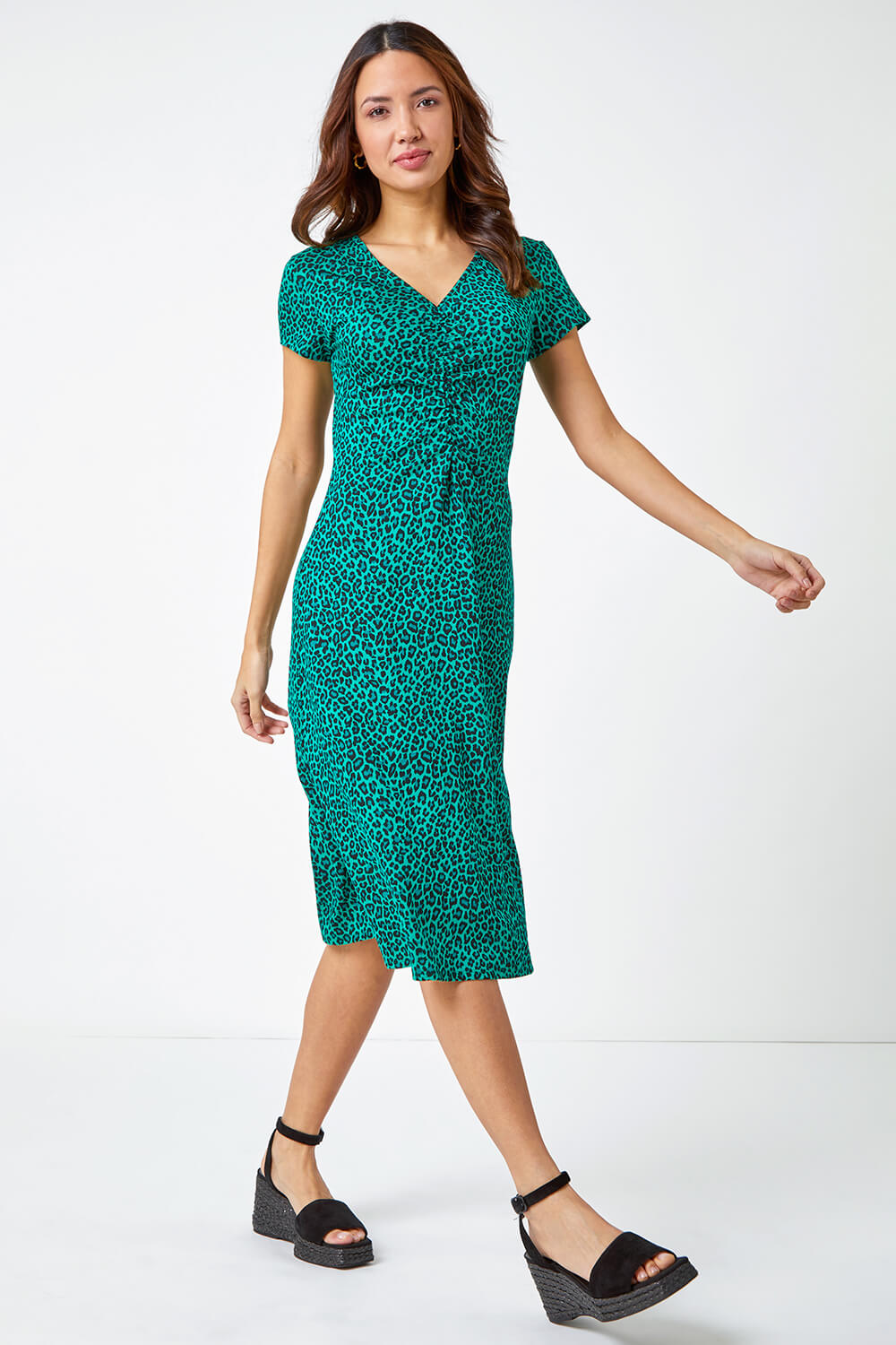 Green Leopard Print Ruched Midi Dress, Image 2 of 5