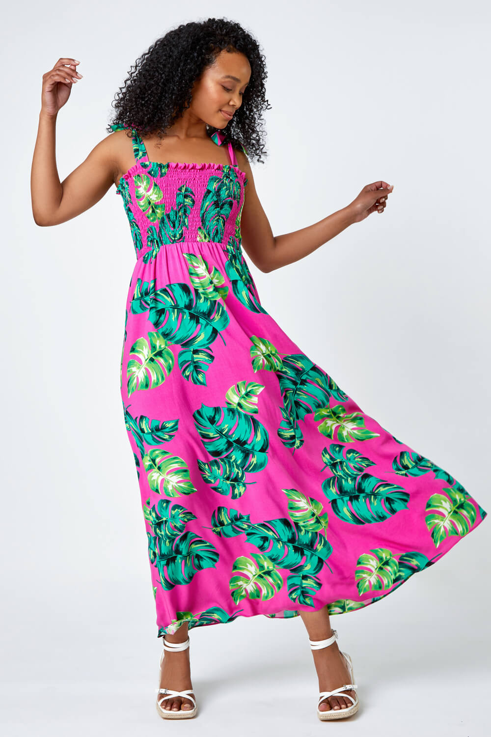 PINK Petite Tropical Print Shirred Maxi Dress, Image 2 of 5
