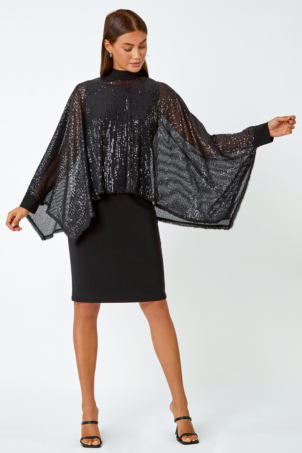 Black Sequin Overlay Bodycon Stretch Dress, Image 1 of 5