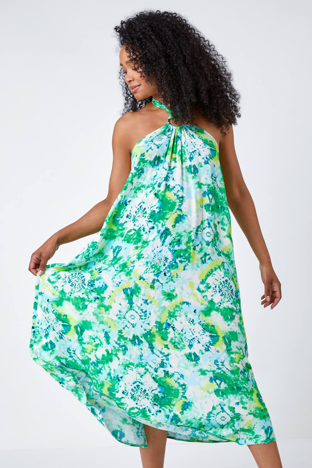 Lime Petite Tie Dye Halterneck Midi Dress, Image 4 of 5
