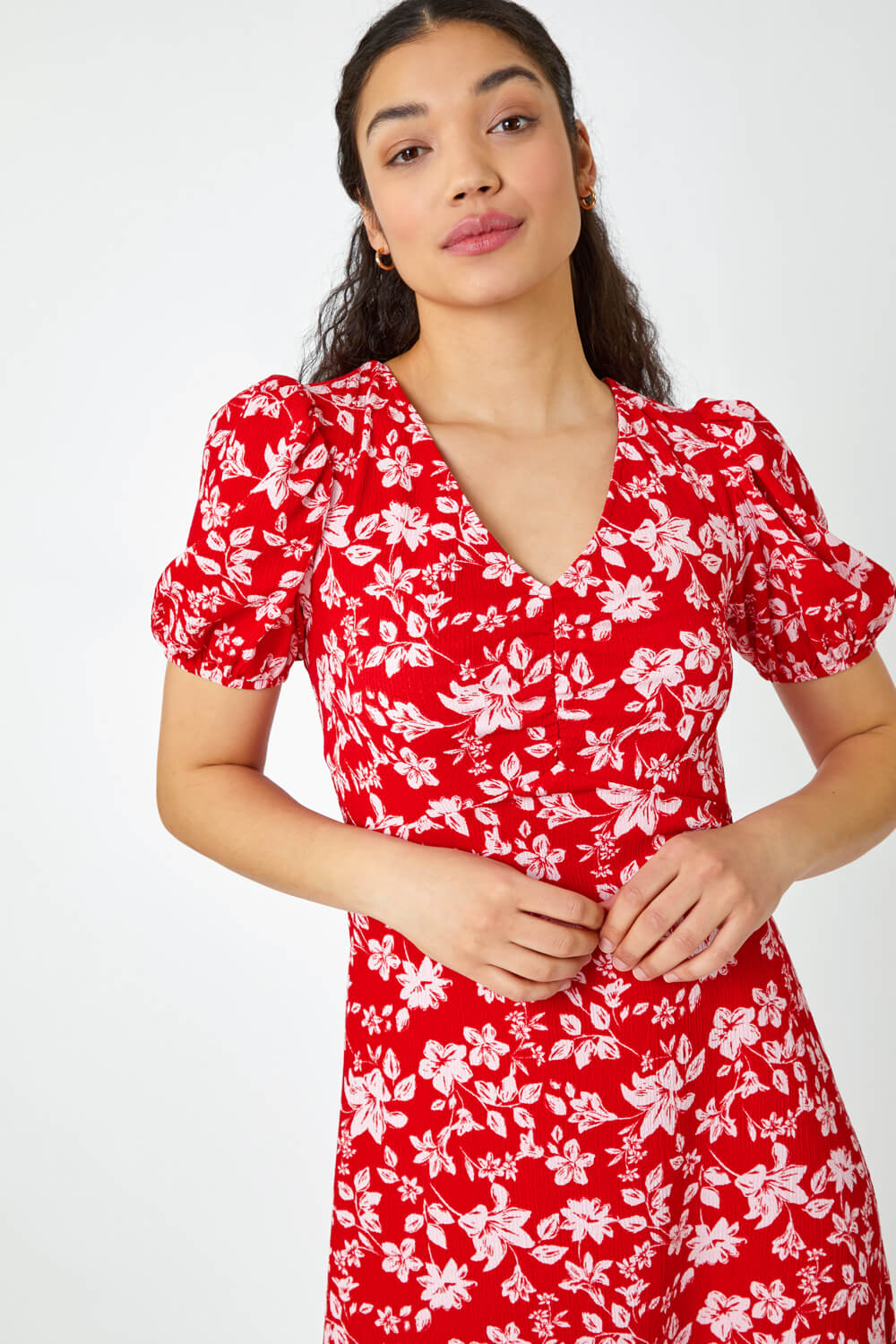 Red Floral Print Lace Back Midi Dress, Image 4 of 5