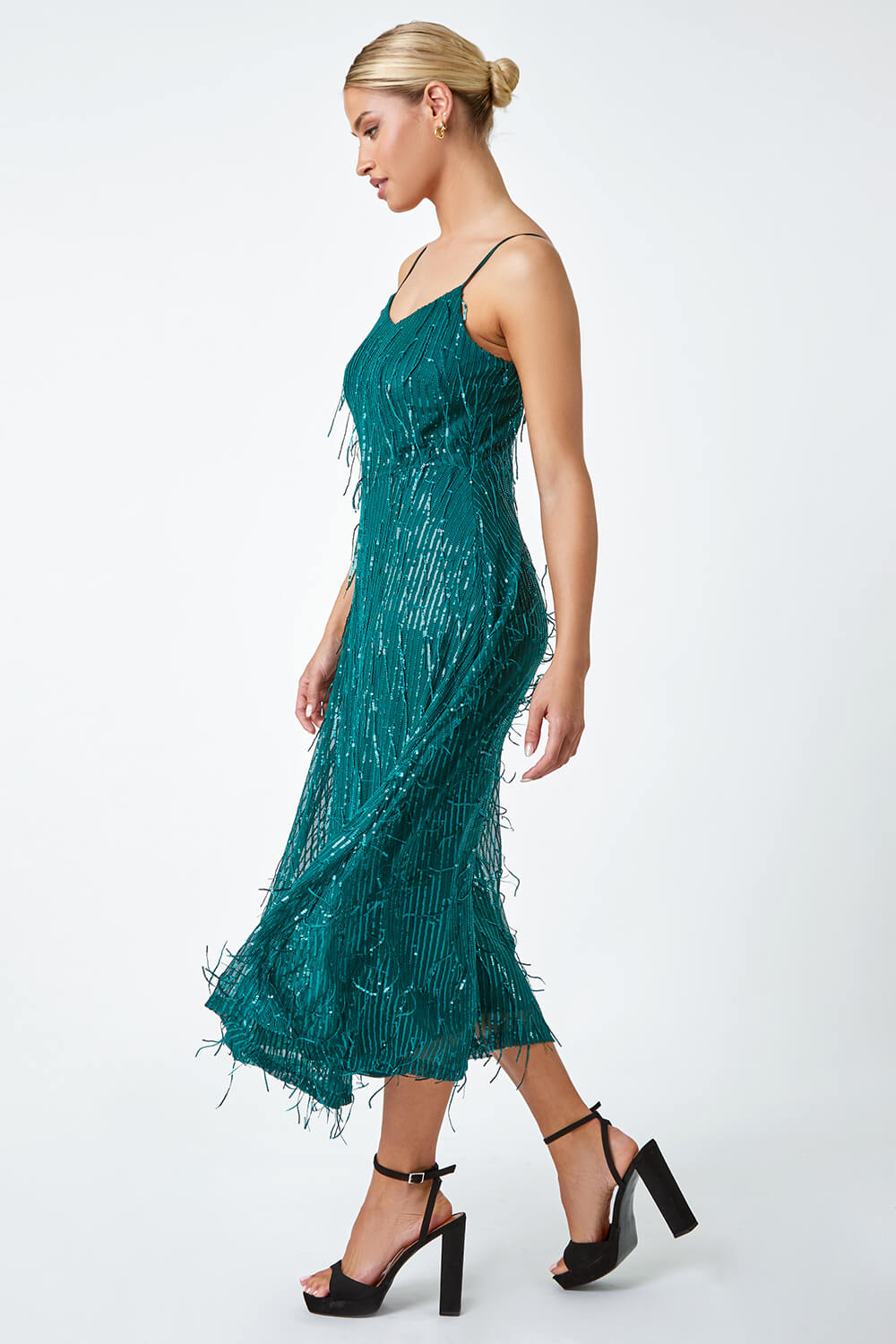 Green Sequin Tassel Midi Stretch Dress | Roman UK