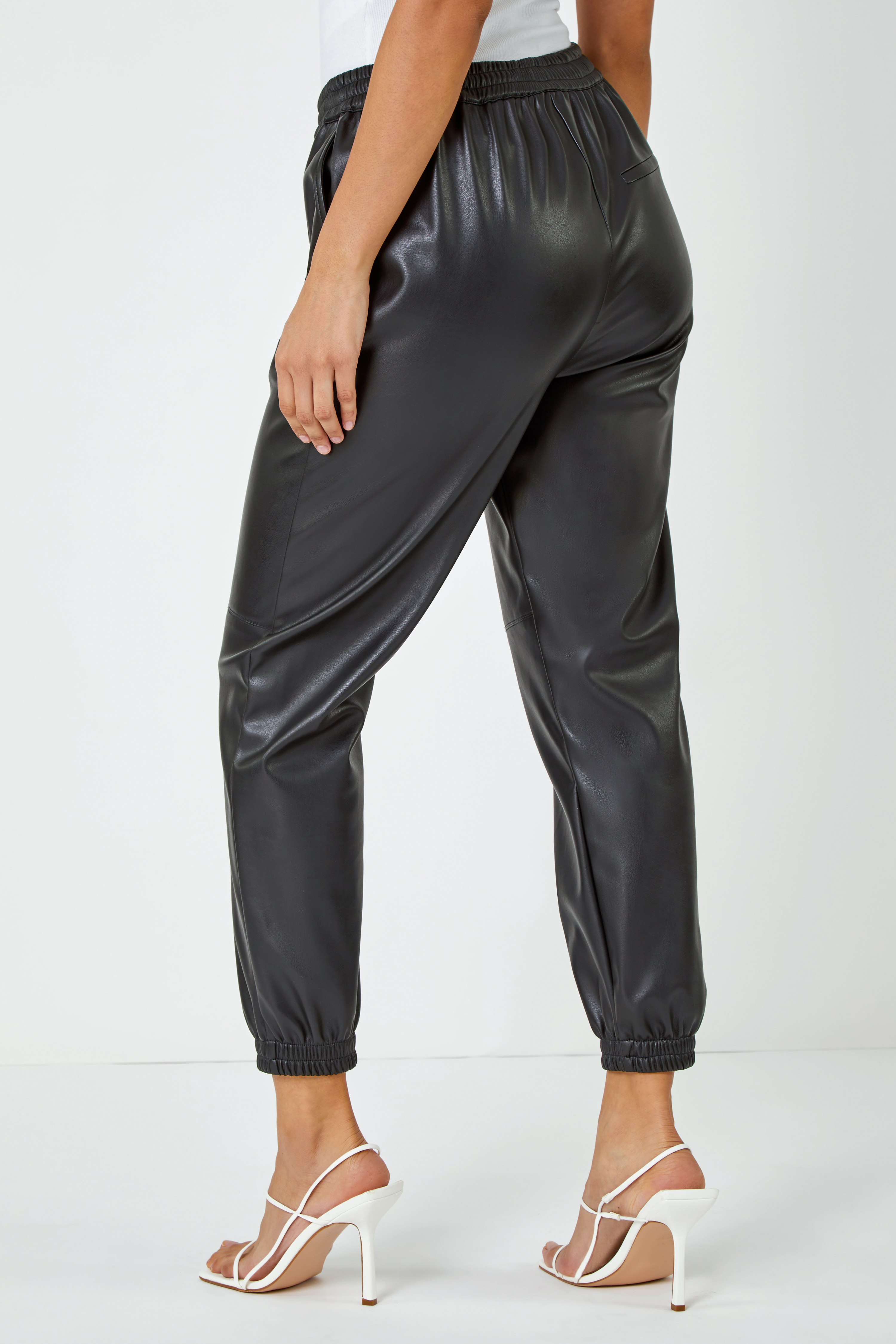 Black Faux Leather Cuffed Joggers , Image 3 of 5
