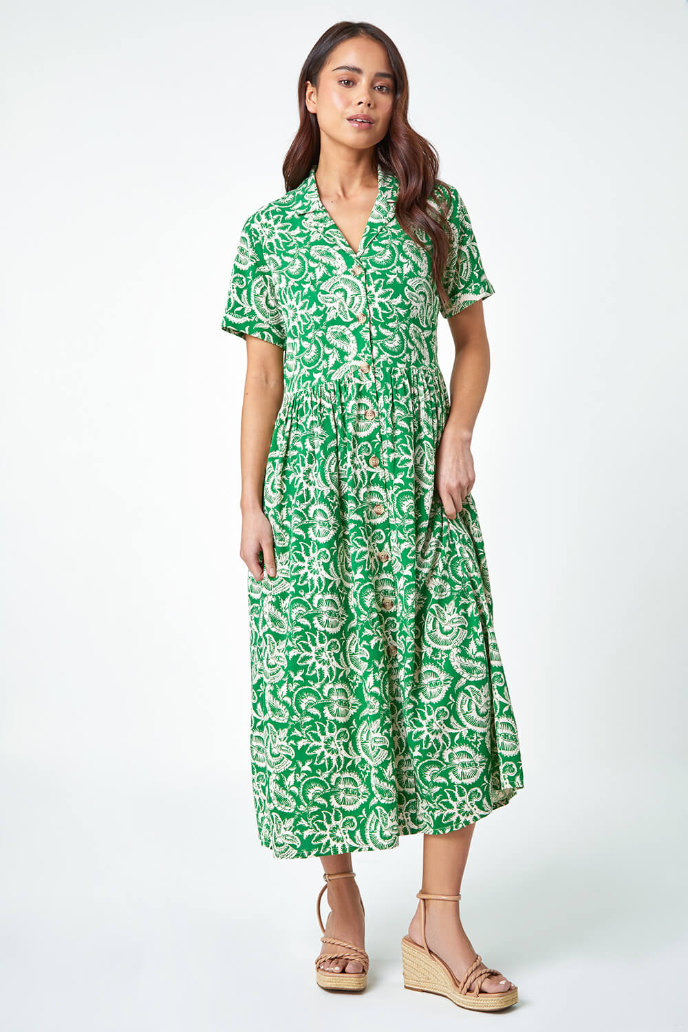Green Petite Floral Print Midi Tea Dress, Image 2 of 5