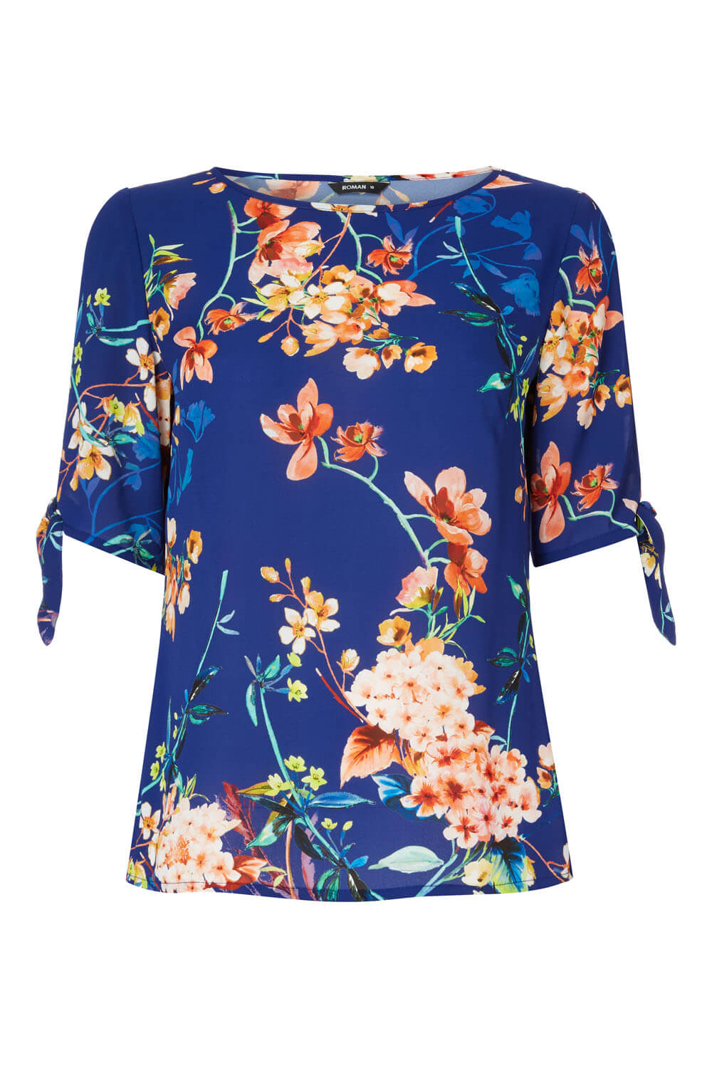 Floral Print Split Sleeve Top in Royal Blue - Roman Originals UK