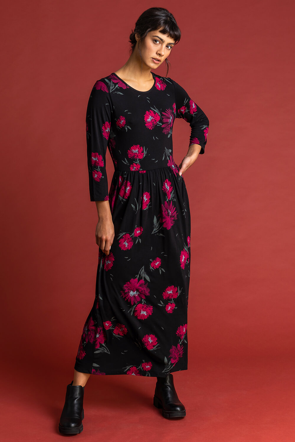 Black Floral Print Gathered Midi Dress, Image 3 of 5