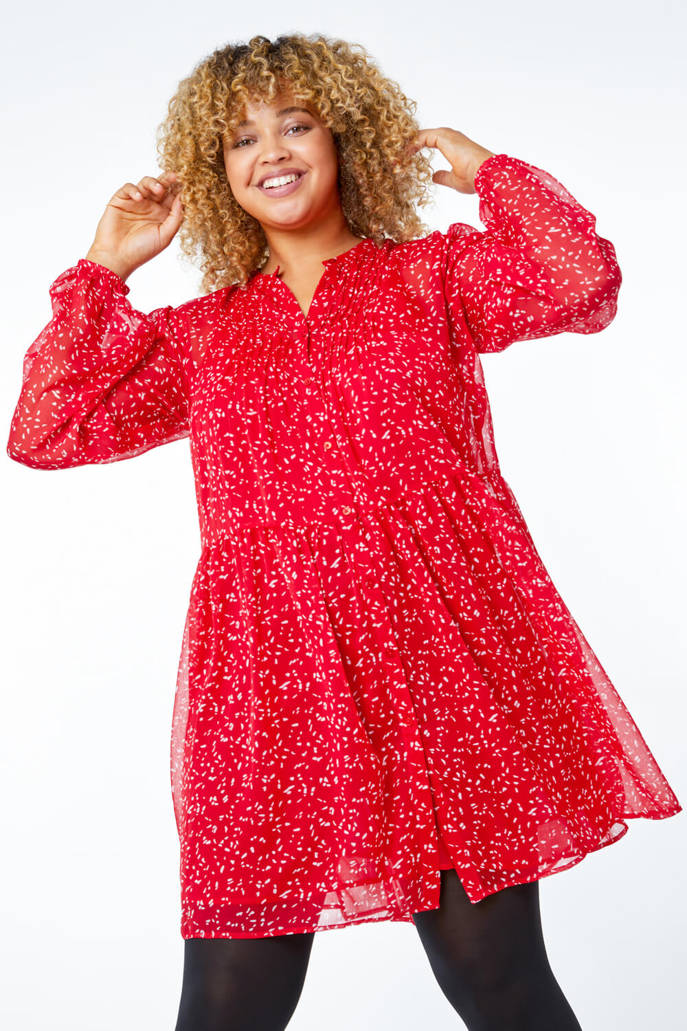 Red Curve Ditsy Print Tiered Dress, Image 4 of 5