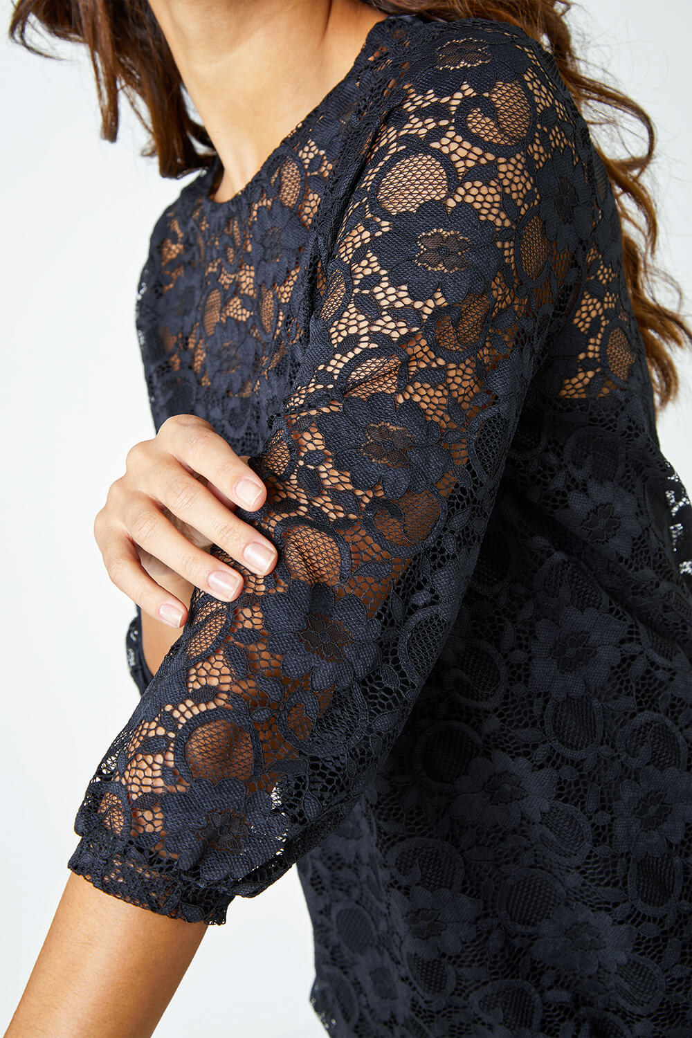 Black Lace Embellished Overlap Neck Velvet Blouse