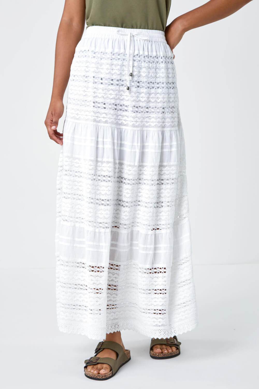 White Lace Detail Cotton Maxi Skirt | Roman UK
