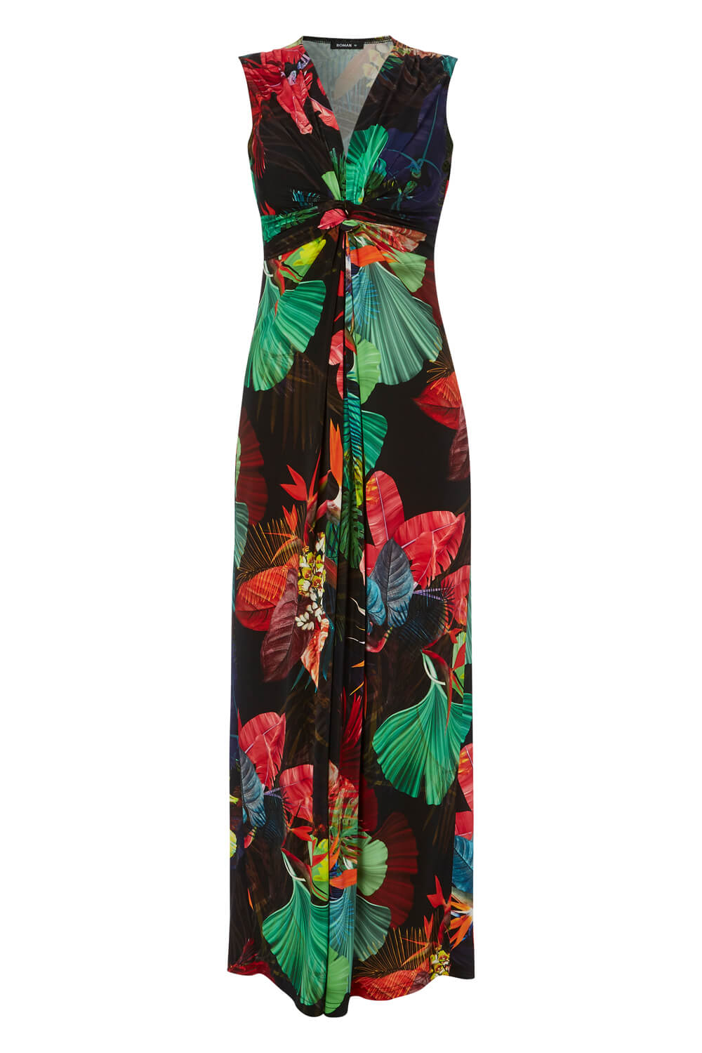 Black V Neck Tropical Print Maxi Dress, Image 4 of 4