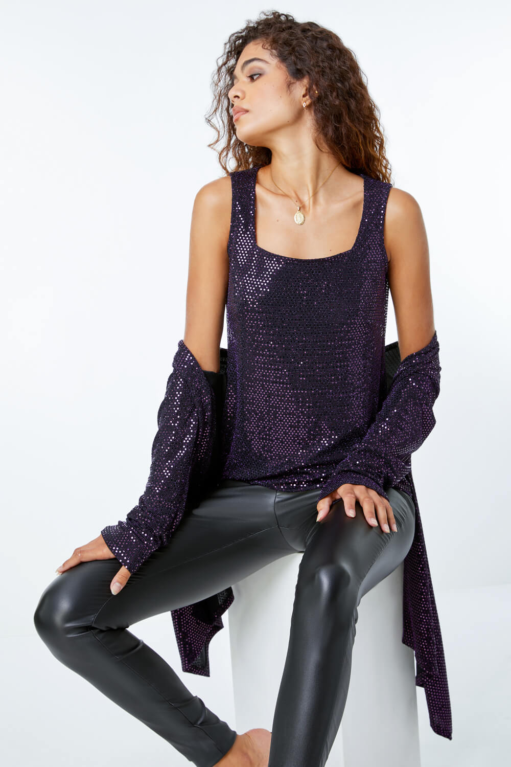 Purple Sequin Sparkle Waterfall Stretch Jacket, Image 4 of 5