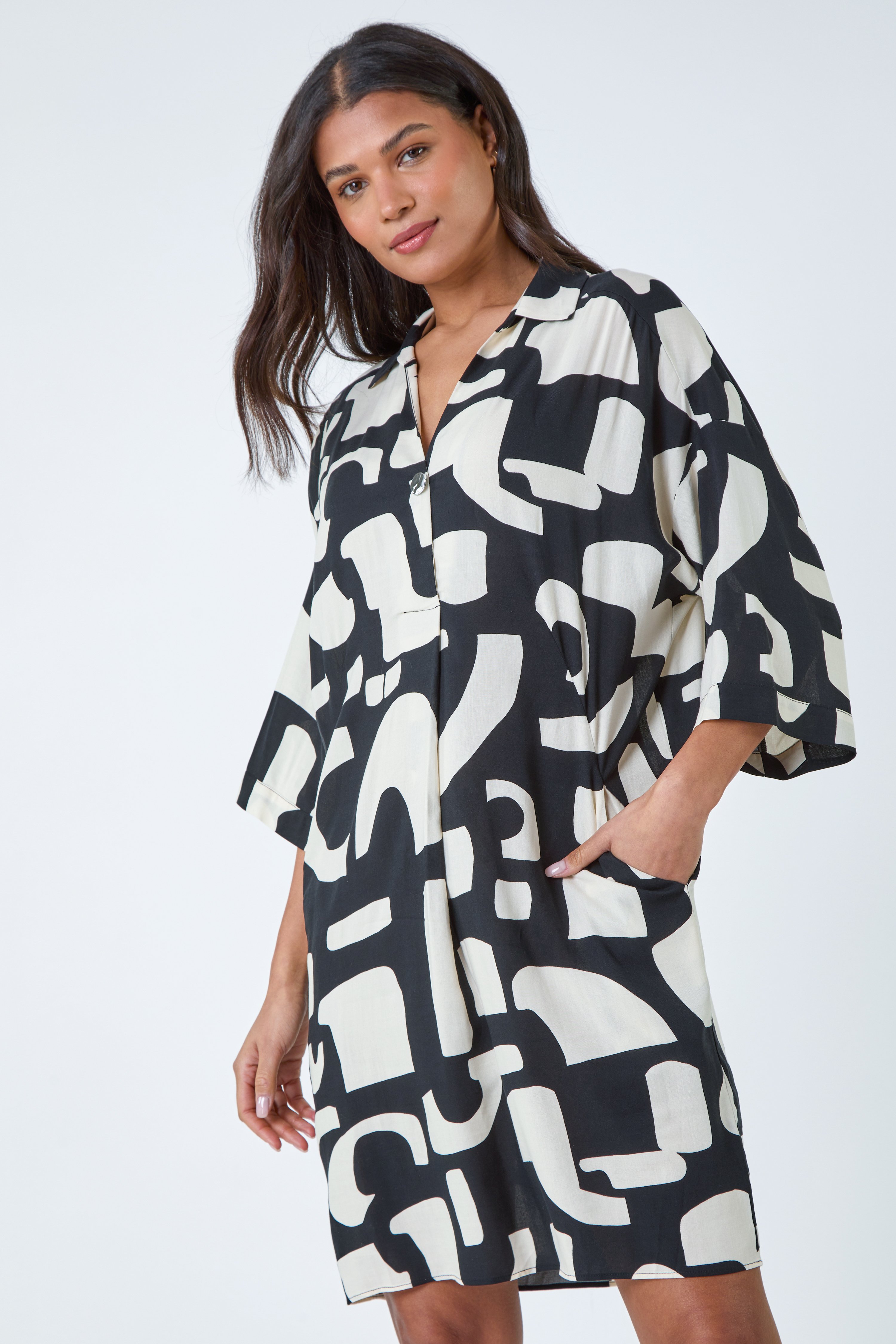 Black Abstract Pocket Detail Cocoon Shirt Dress, Image 2 of 5