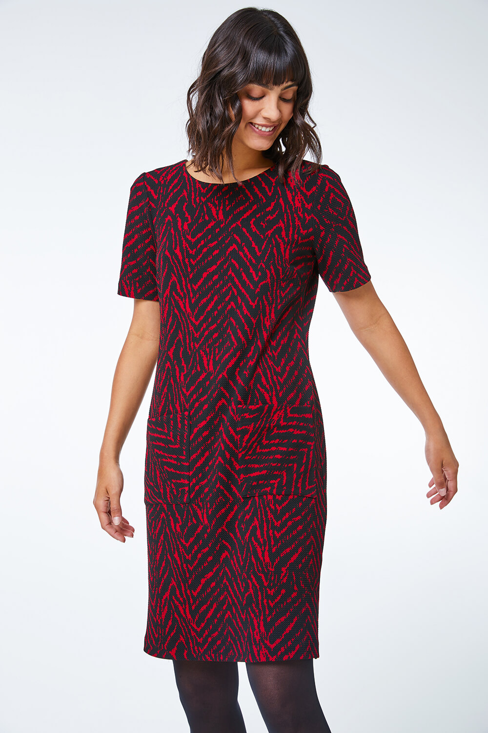 Red Textured Animal Print Stretch Tunic Dress, Image 2 of 5