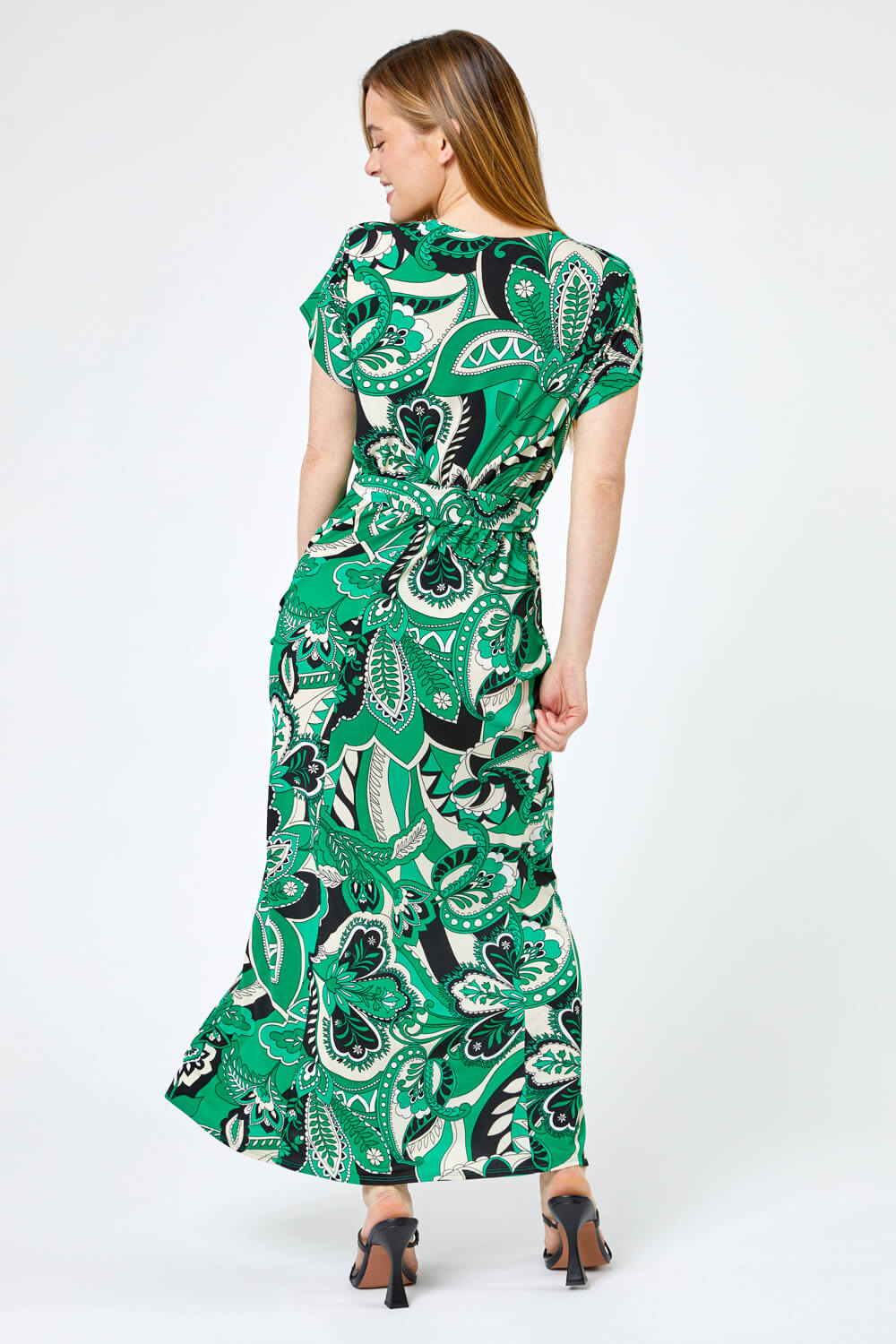 Green Petite Paisley Print Tie Waist Maxi Dress, Image 2 of 4