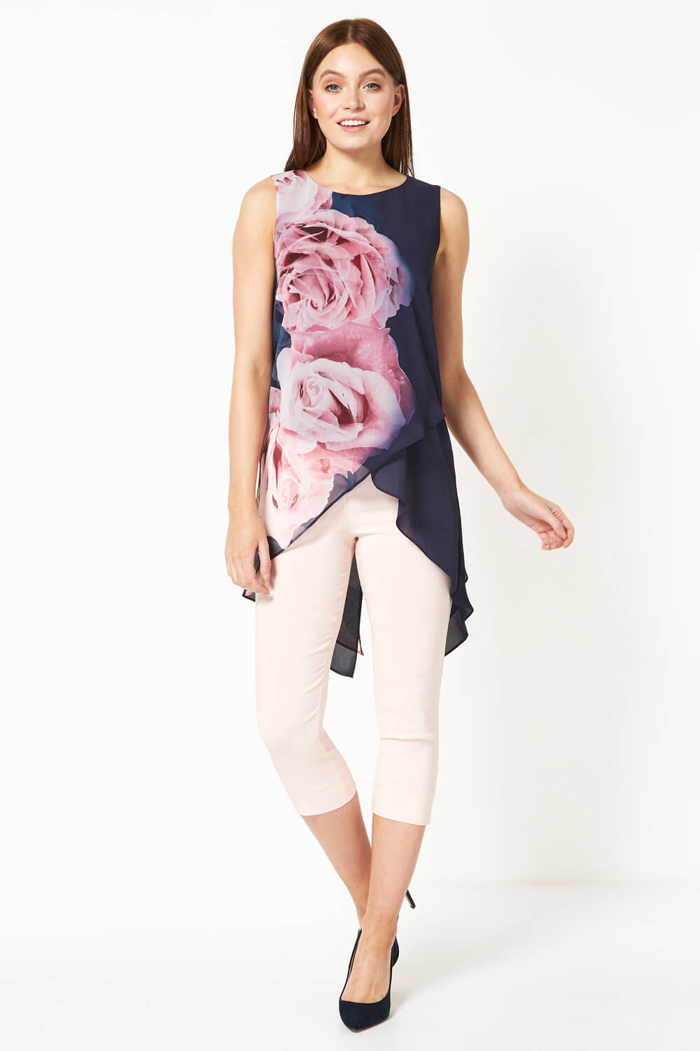 Navy  Rose Floral Print Asymmetric Top, Image 2 of 5
