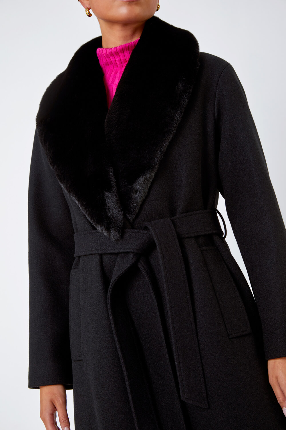 Black Petite Faux Fur Collar Longline Coat, Image 5 of 5