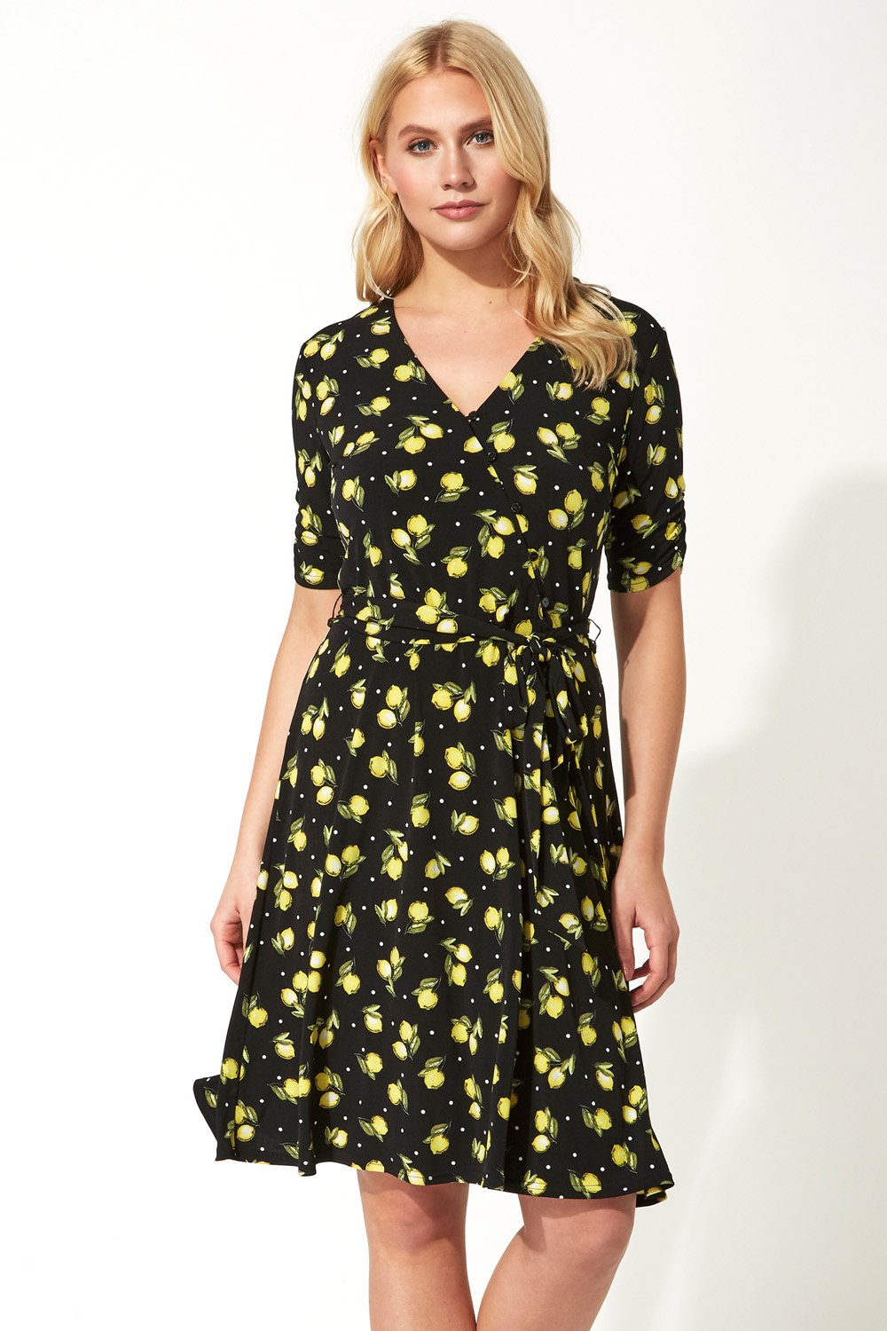 Black Lemon Print Wrap Dress, Image 2 of 5