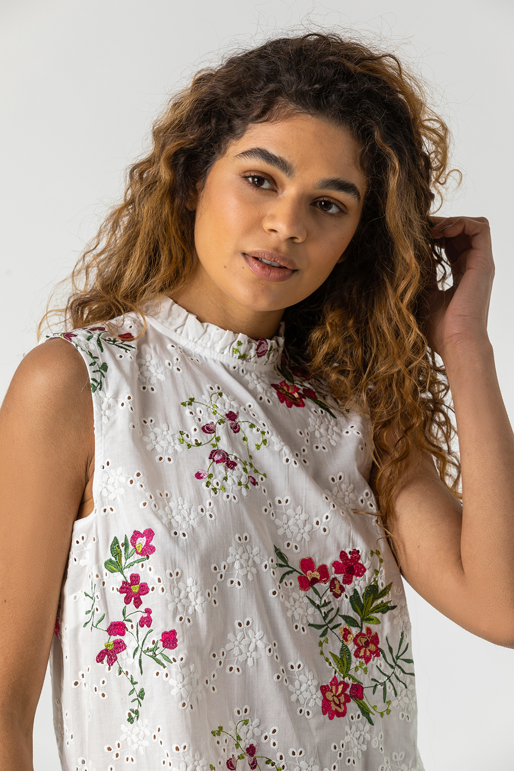 Ivory  Floral Embroidered Frill Neck Top, Image 4 of 4