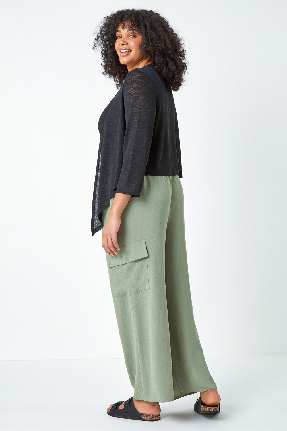 Black Curve Tie Front Stretch Cropped Cardigan, Image 3 of 5