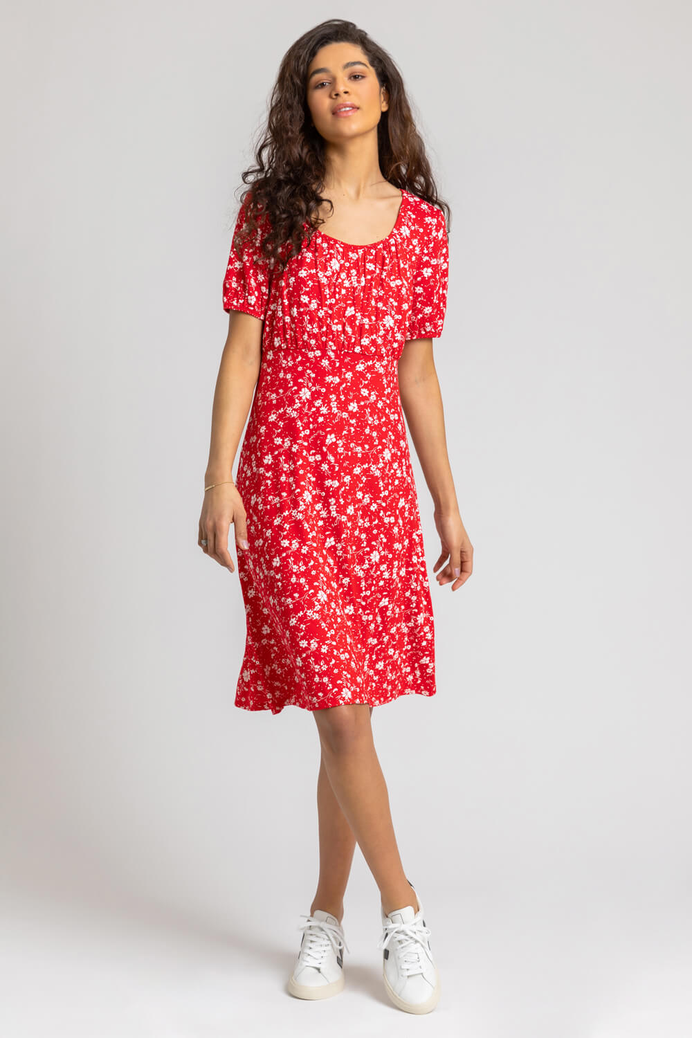Red Stretch Floral Print Fit & Flare Dress, Image 3 of 5