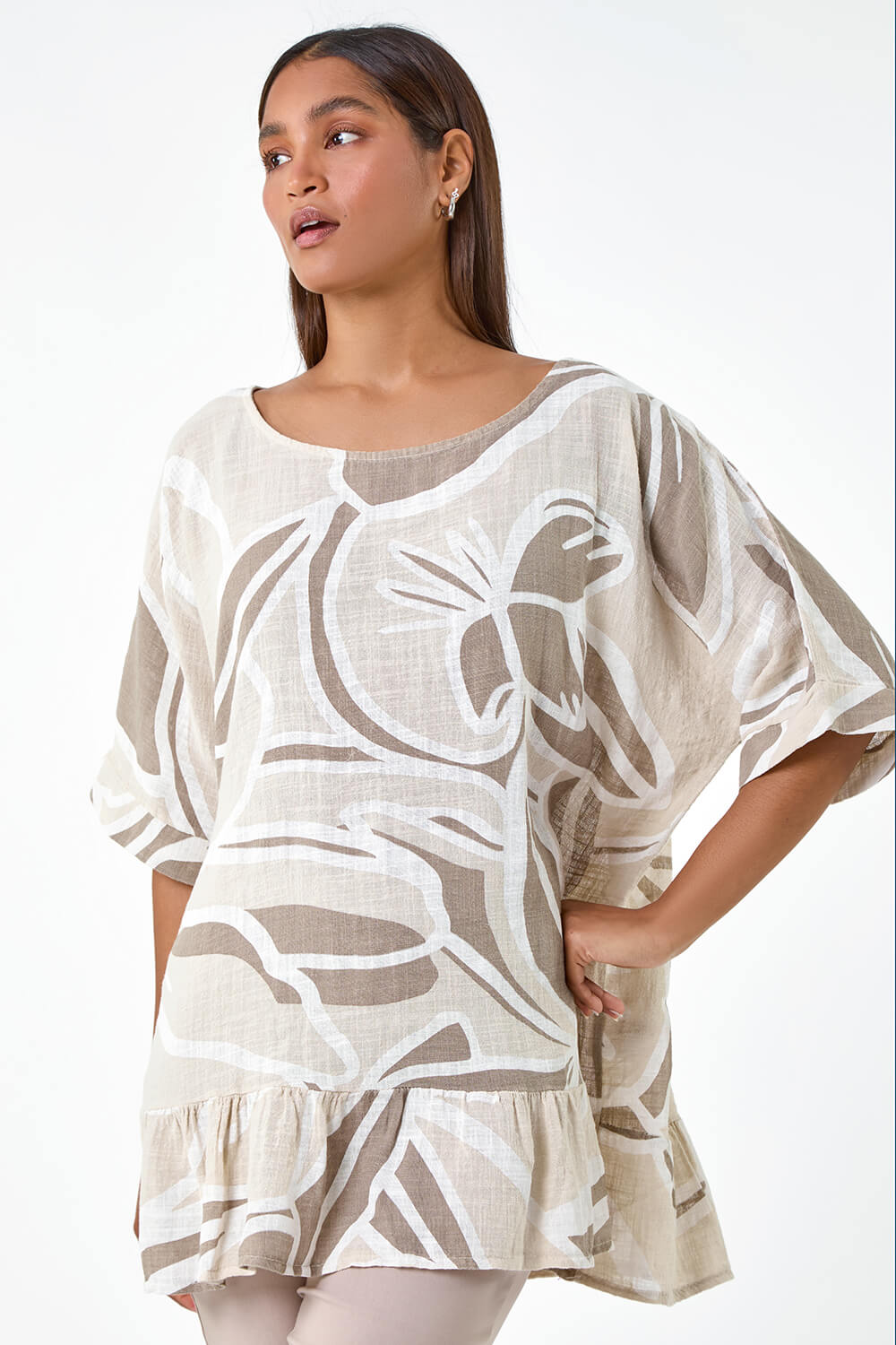 Taupe Cotton Oversized Leaf Tunic Top, Image 4 of 5