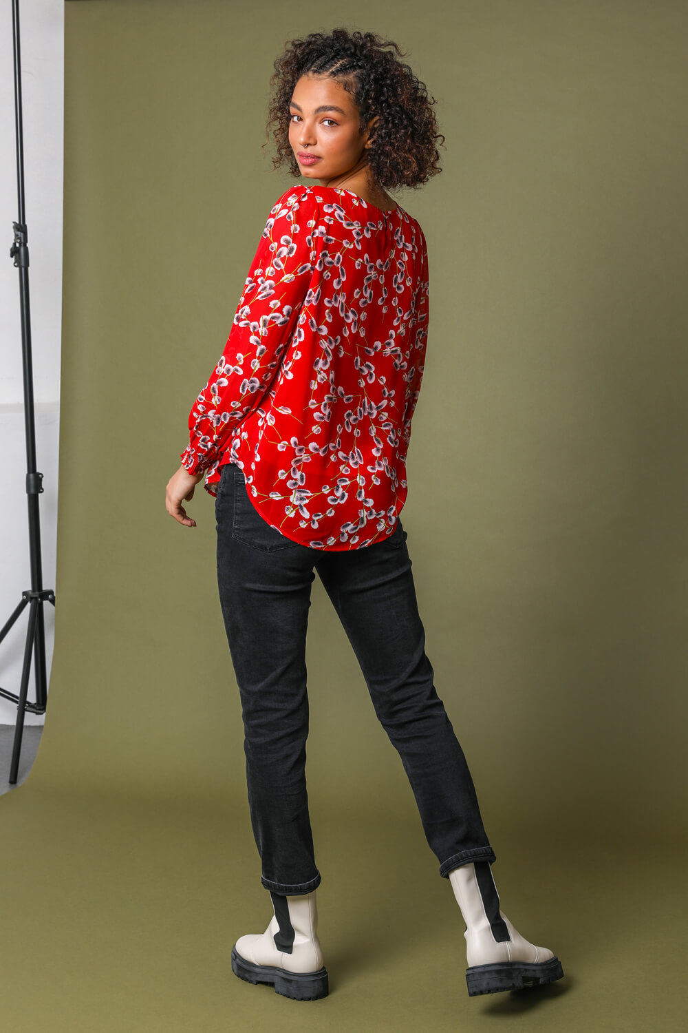 Red Floral Print Pleated Neck Top, Image 2 of 5