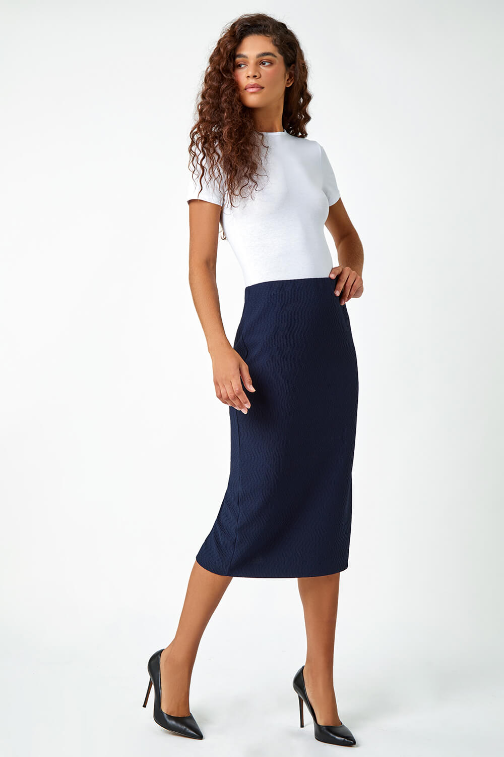 Navy  Textured Pencil Midi Stretch Skirt, Image 4 of 5