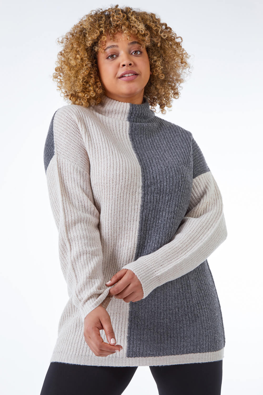 Grey Curve Colourblock Knitted Jumper, Image 2 of 5