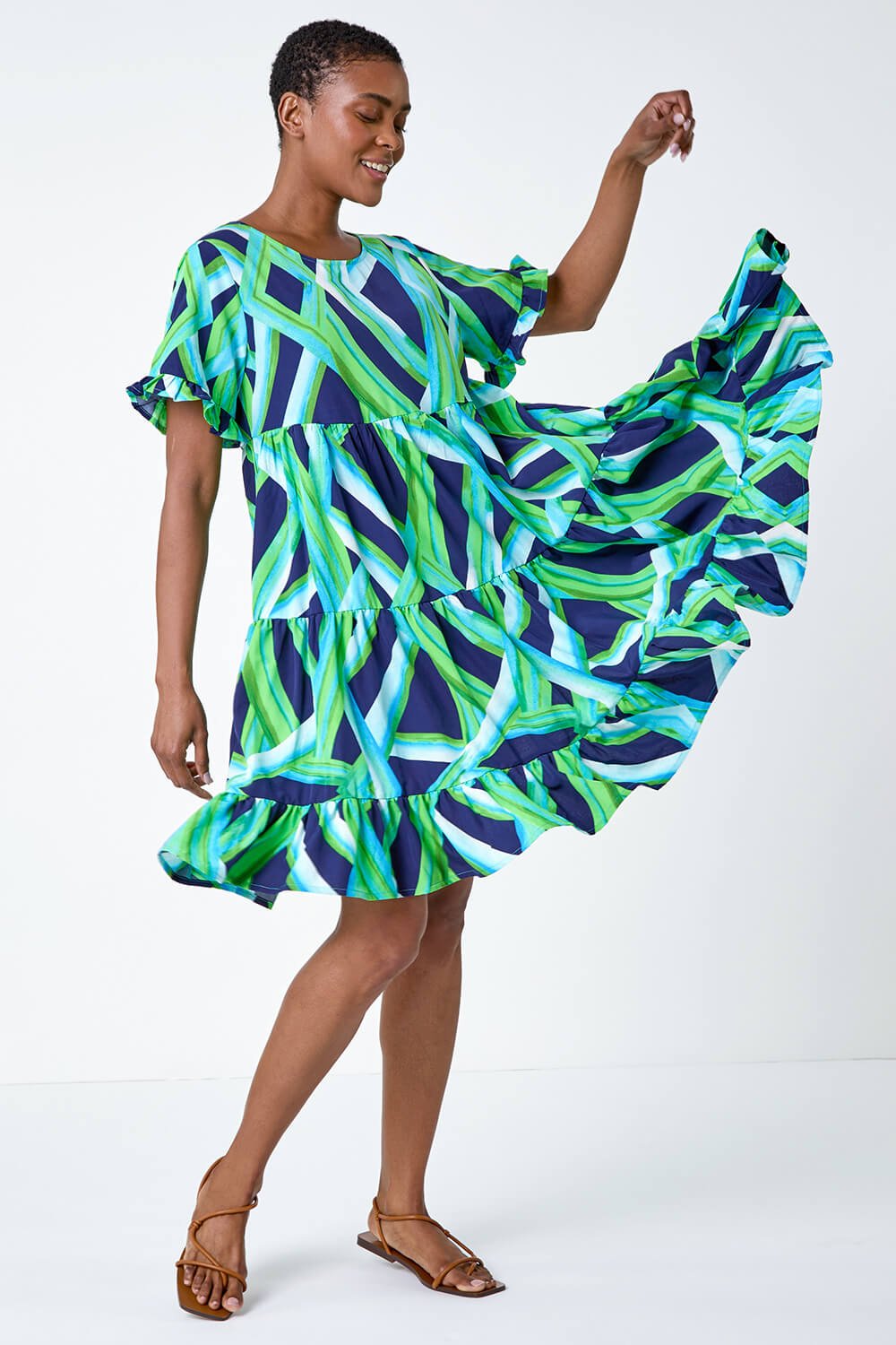 Abstract Print Tiered Smock Dress
