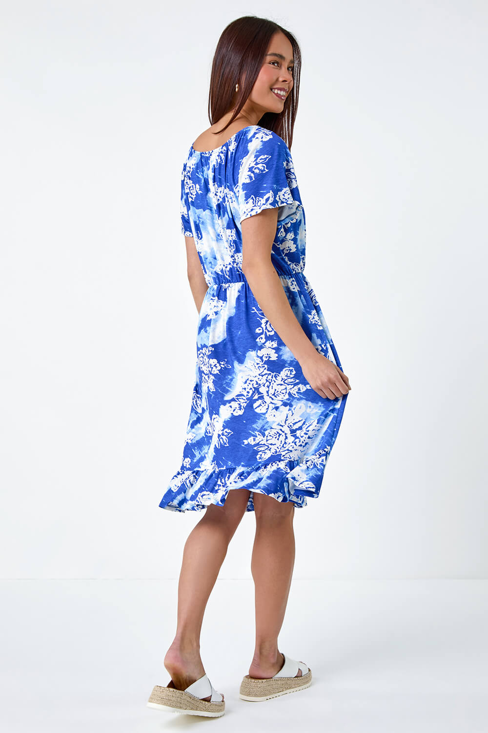 Blue Petite Abstract Floral Stretch Frill Dress, Image 3 of 5