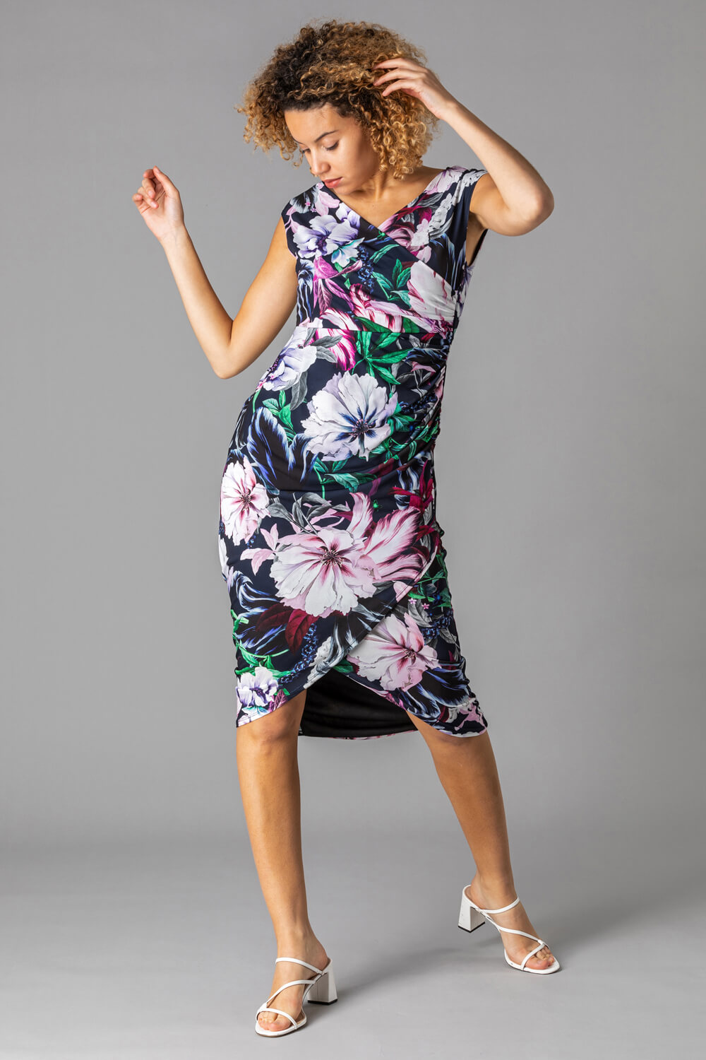 Navy  Floral Print Ruched Wrap Dress, Image 2 of 4
