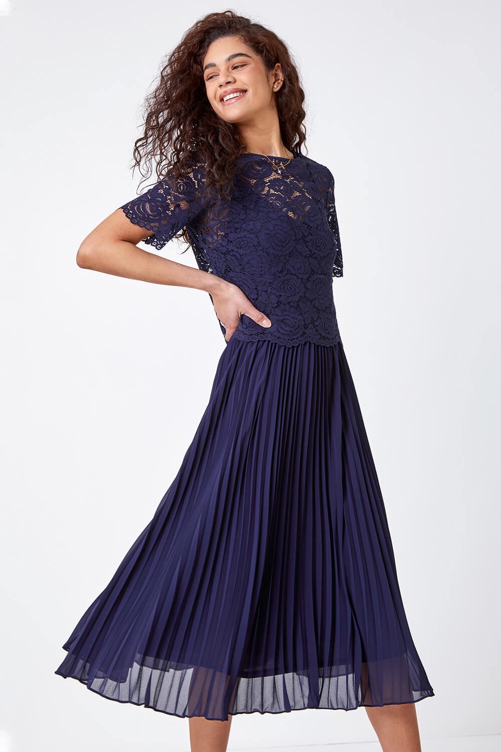Lace Top Overlay Pleated Midi Dress