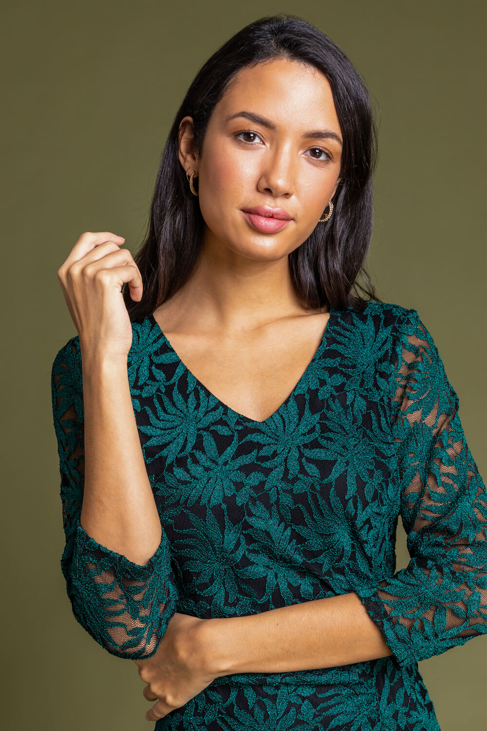 Green Palm Print Lace Ruched Dress, Image 4 of 4