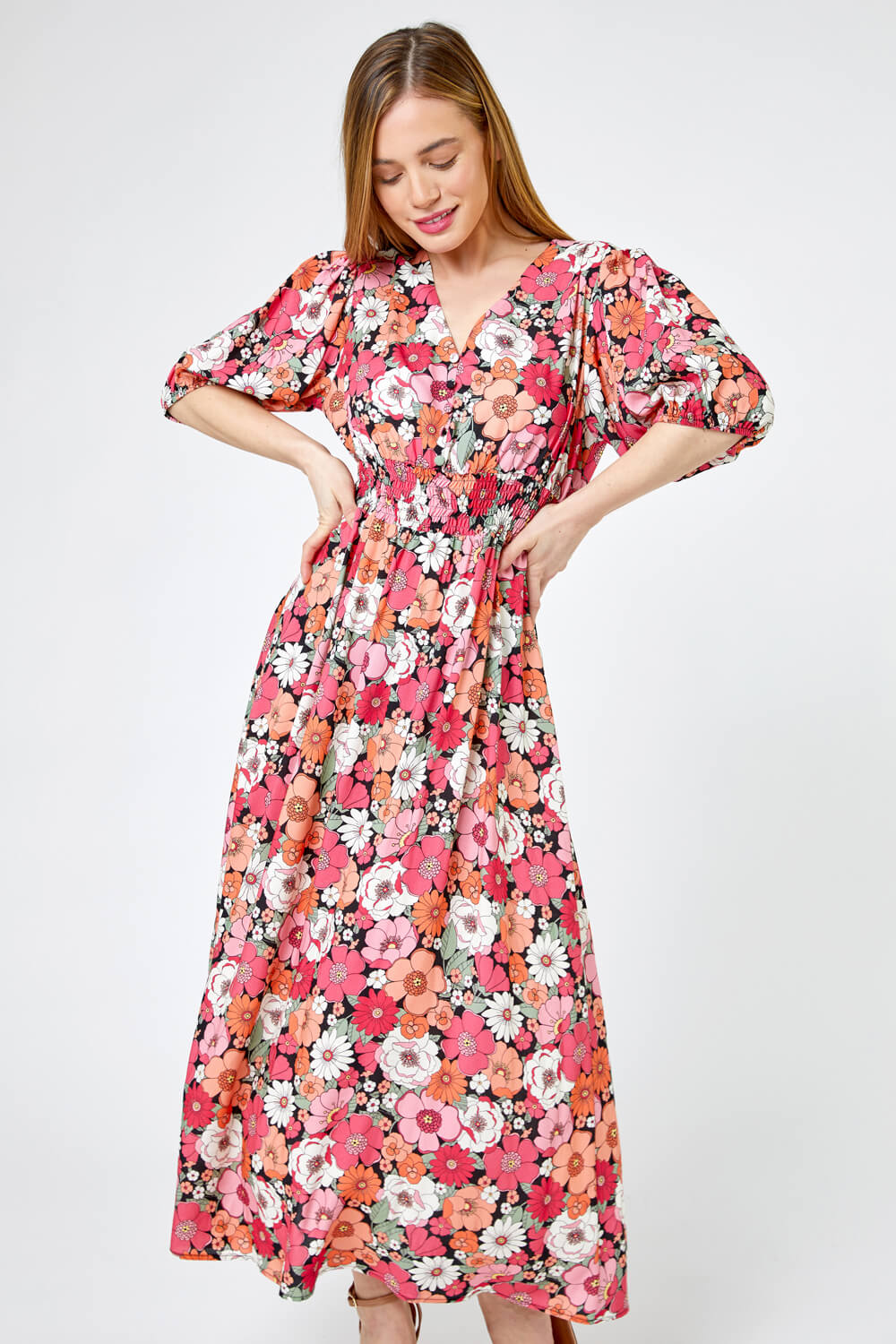 Petite Retro Floral Print Midi Dress in ...