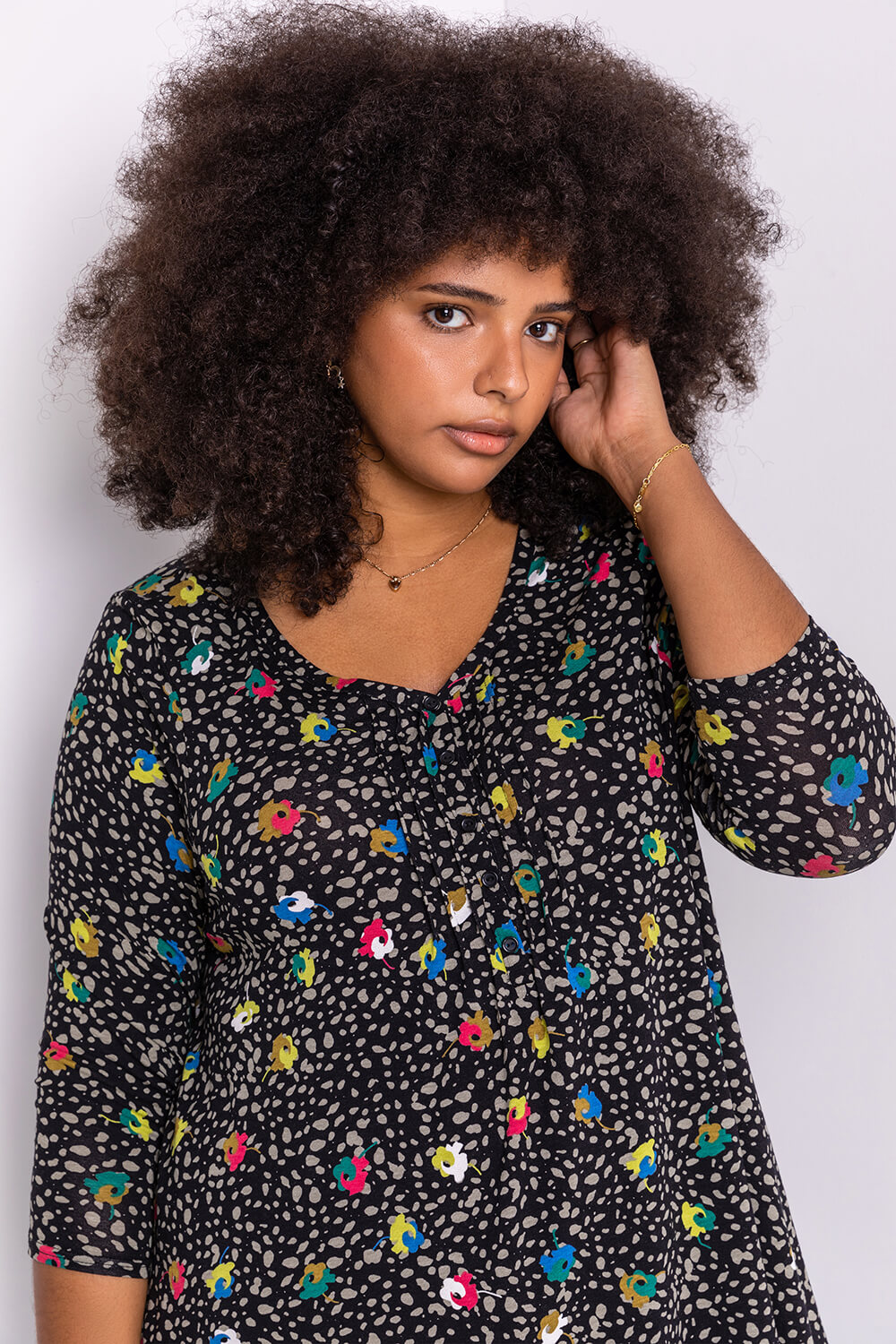 Black Curve Abstract Floral Hanky Hem Top, Image 2 of 6